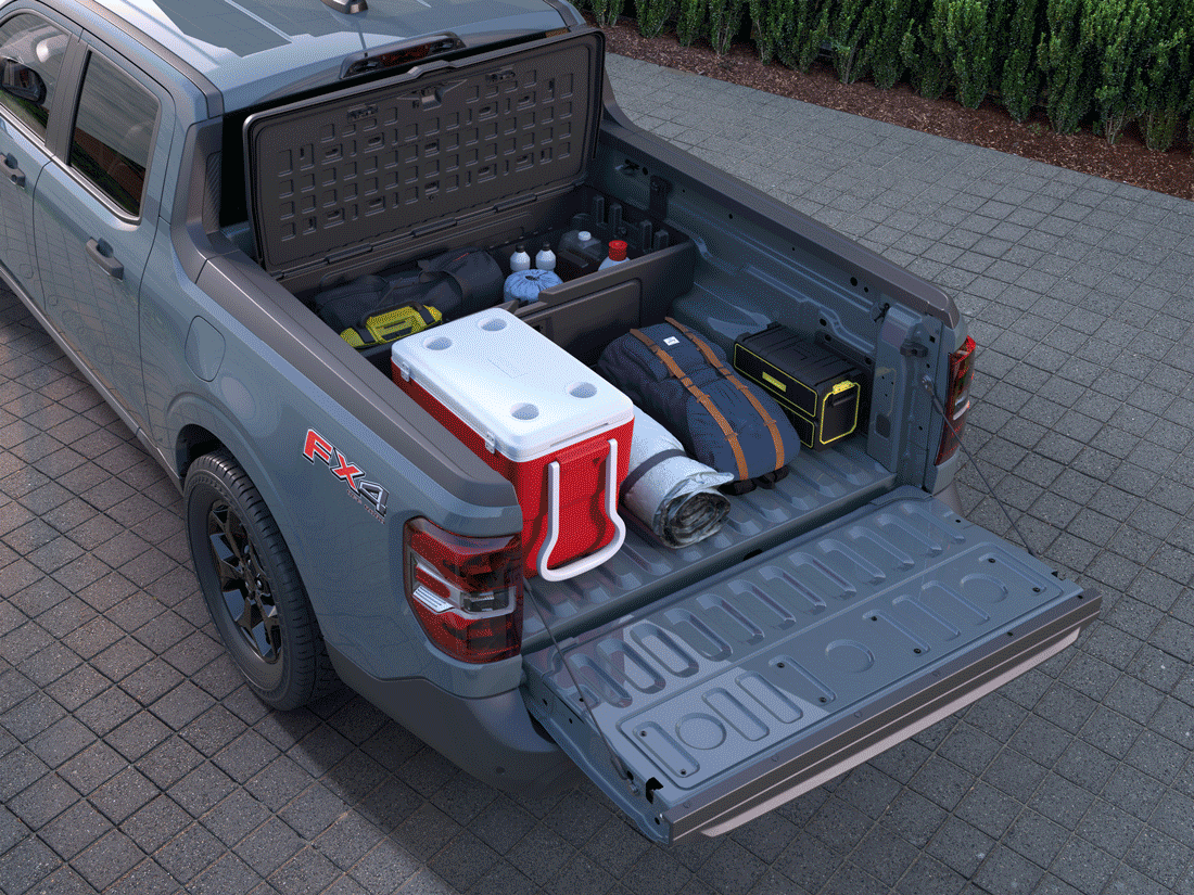 An animation showing several different configurations of the FLEXBED® Storage System on a Ford Maverick® pickup