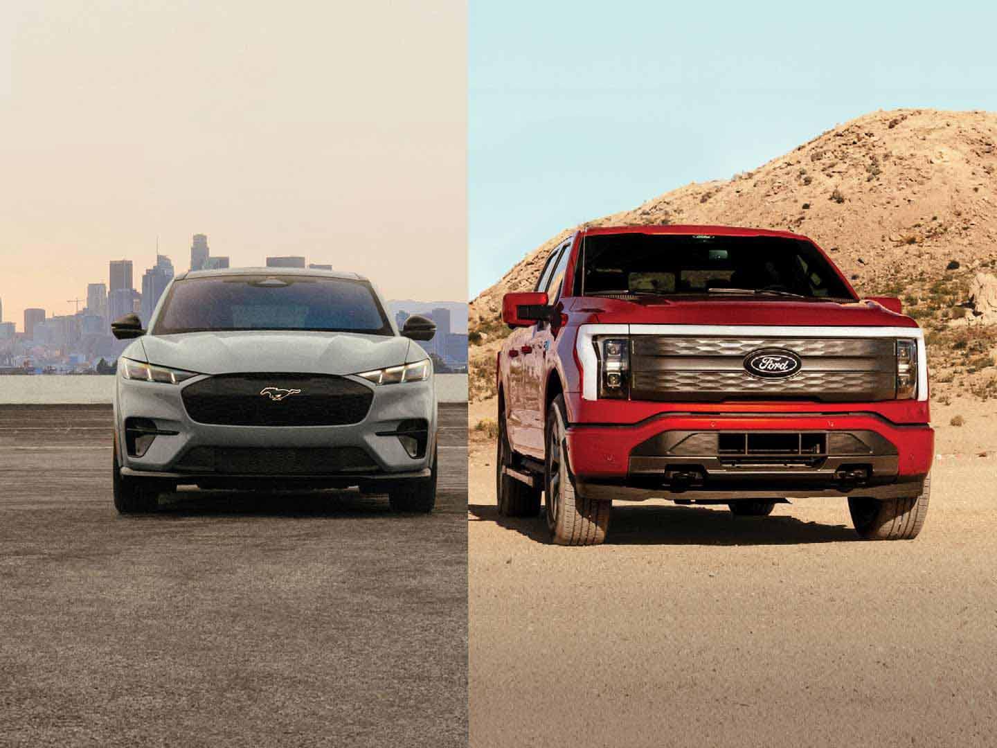 Split screen shot of a Mustang Mach-E® and an F-150 Lightning®