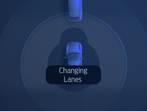Birds-eye of a computer modeled vehicle maneuvering in a lane change