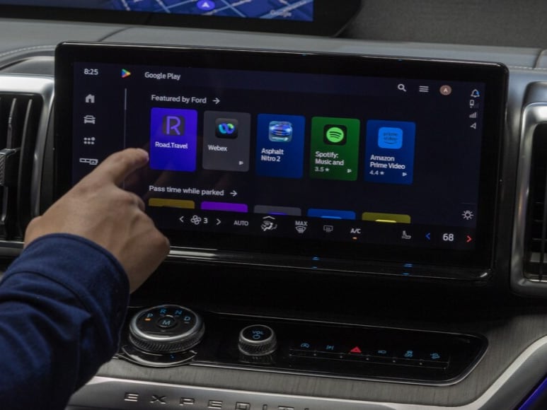  A Ford vehicle technology screen showing the Spotify, Prime Video, and YouTube app icons, plus a few others. Screen may vary.