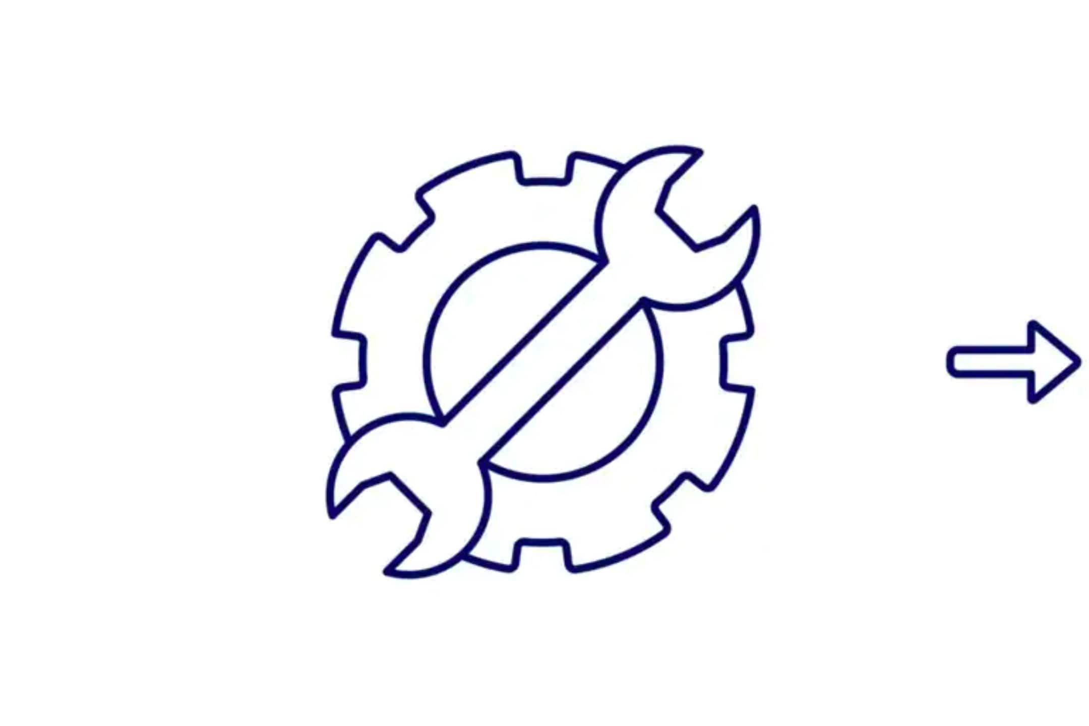 Icon drawing of a wrench over a gear with arrow pointing away