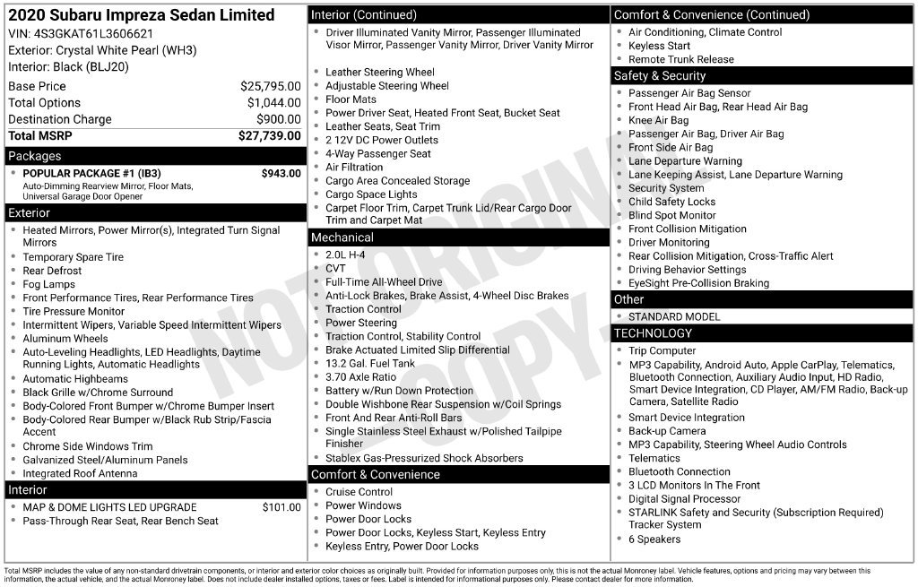 Used 2020 Subaru Impreza Limited Sedan