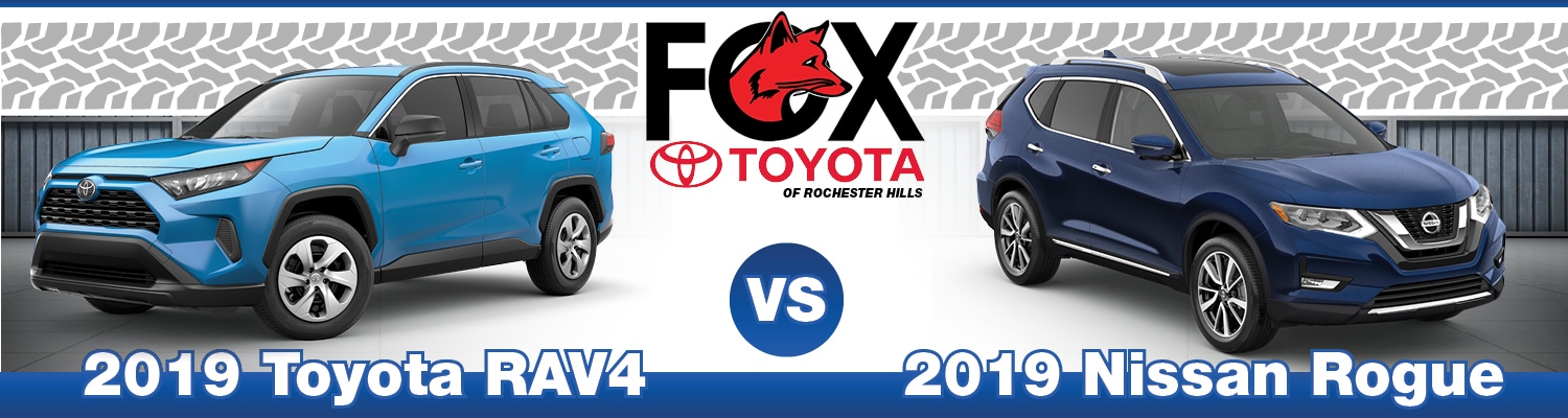 2019 Toyota RAV4 vs. 2019 Nissan Rogue A comparison image of the 2019 Toyota RAV4 and Nissan Rogue