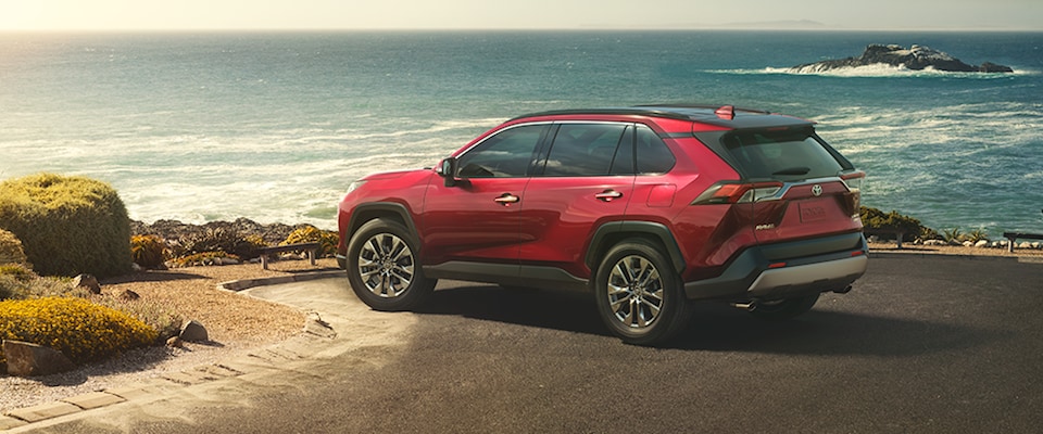 A red 2019 Toyota RAV4 parked on an ocean overlook