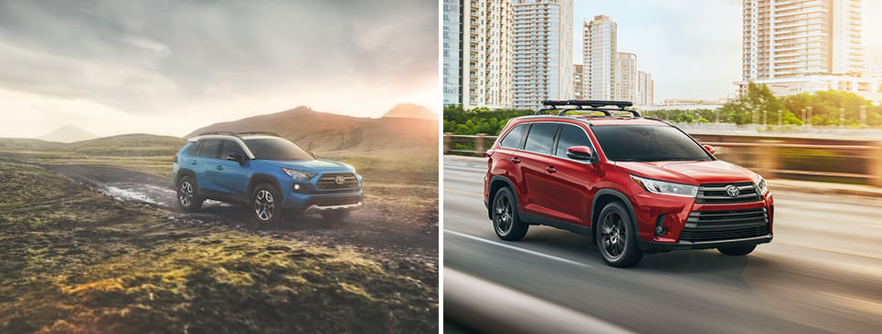A blue 2019 Toyota RAV4 driving though an open field & a red 2019 Toyota Highlander driving through a city