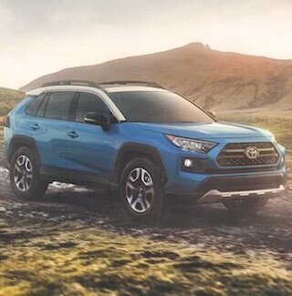 A blue 2019 Toyota RAV4 driving on a dirt path