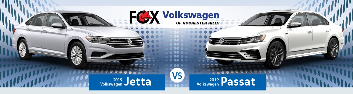 A comparison image of the 2019 Volkswagen Jetta and 2019 Volkswagen Passat