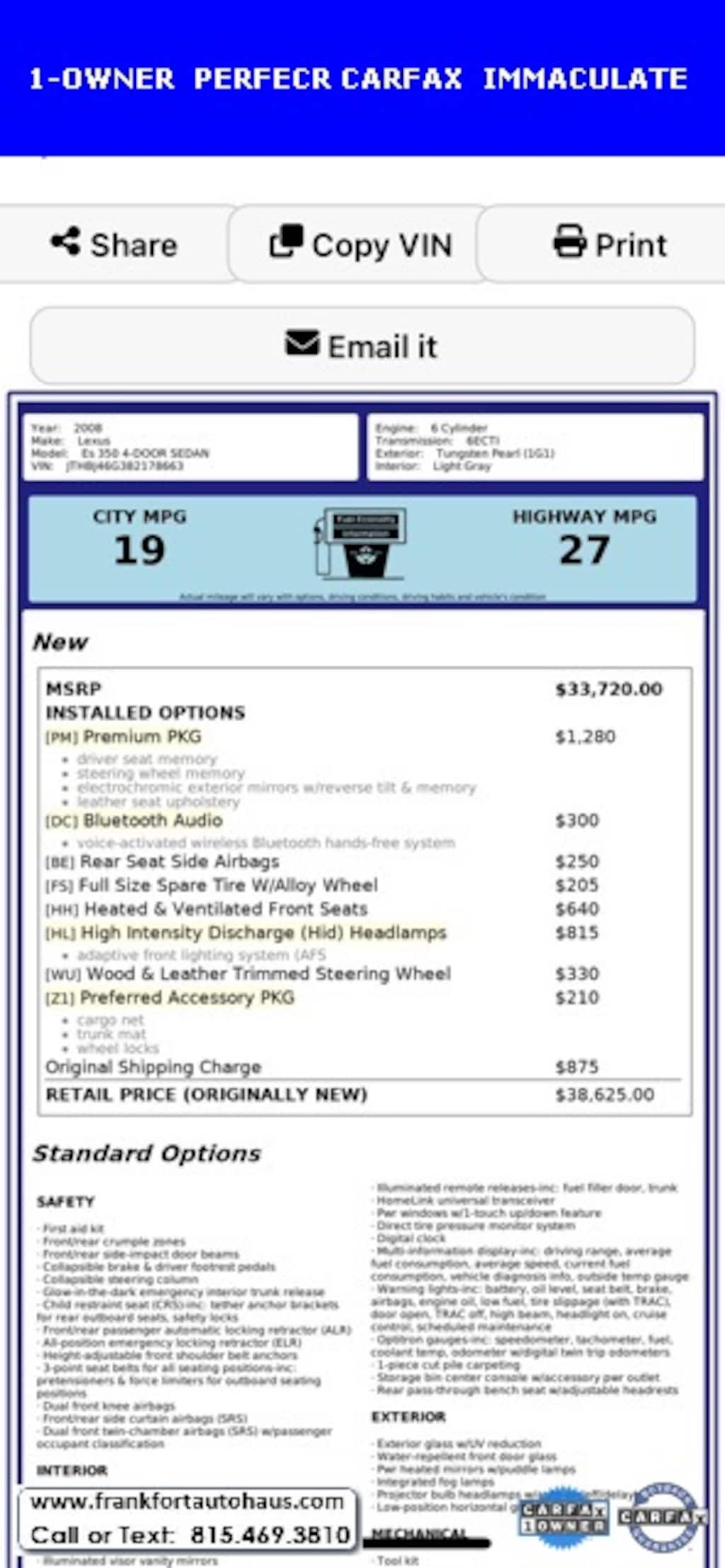 Used 2008 Lexus ES 350 Base Sedan