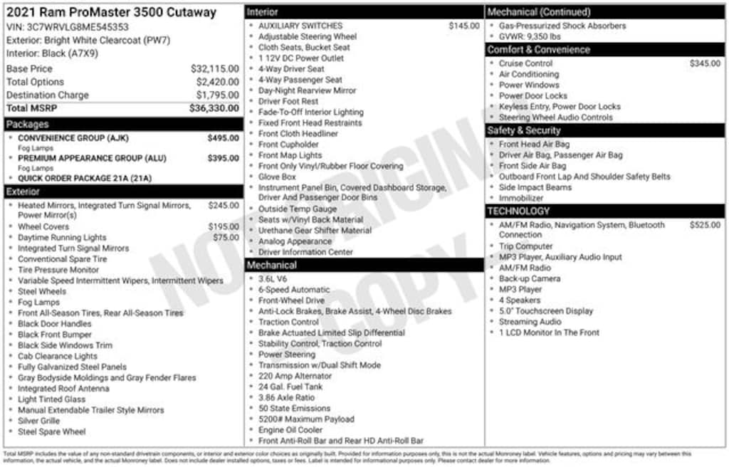 Used 2021 Ram Promaster 3500 Cutaway Low Roof Truck