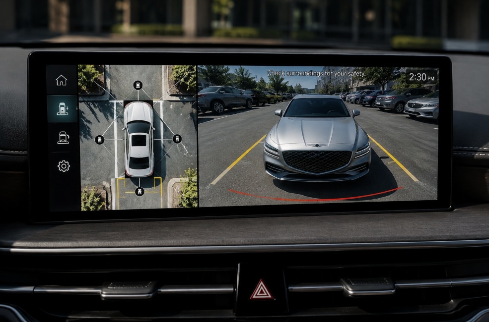 Genesis Surround View Monitor display in use while parking.