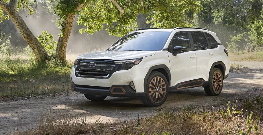 2026 Subaru Forester Wilderness parked on a forest trail.