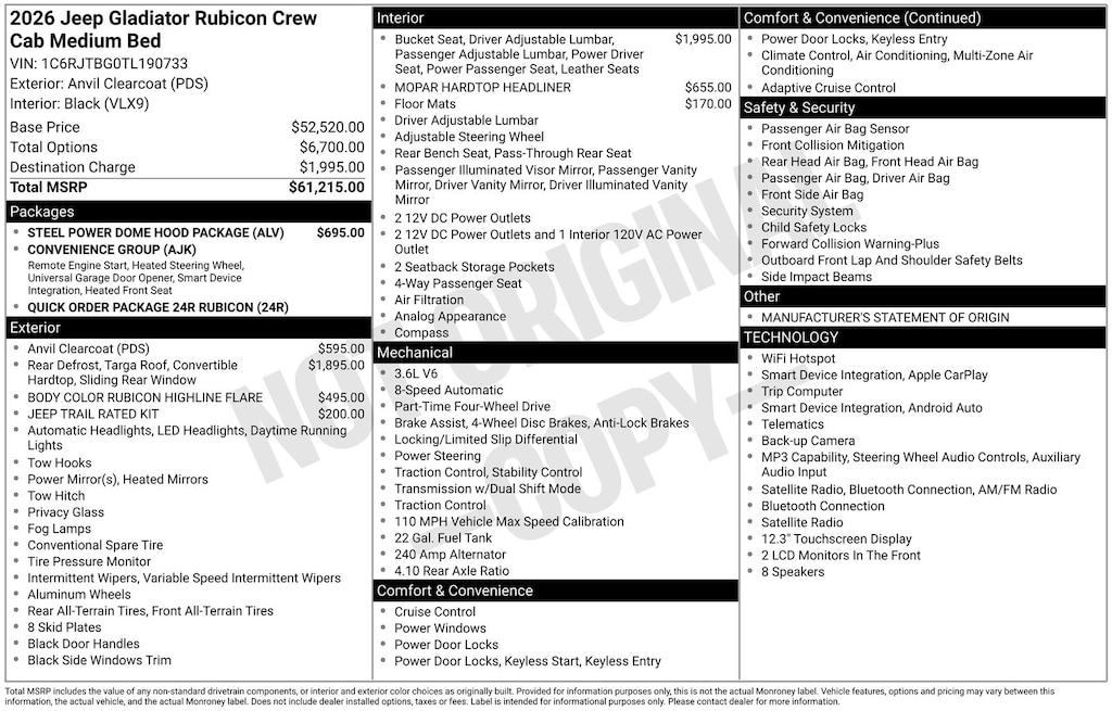 New 2026 Jeep Gladiator RUBICON 4X4 Pickup