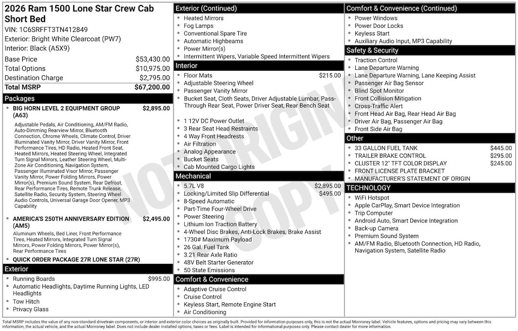 New 2026 Ram 1500 LONE STAR CREW CAB 4X4 5'7 BOX Pickup