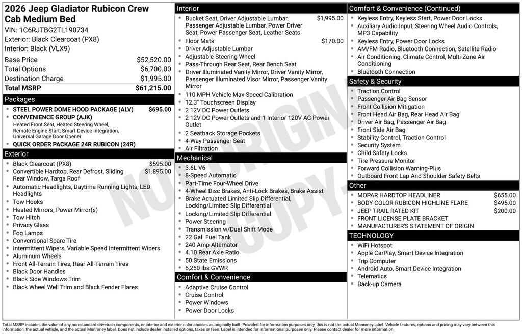 New 2026 Jeep Gladiator RUBICON 4X4 Pickup