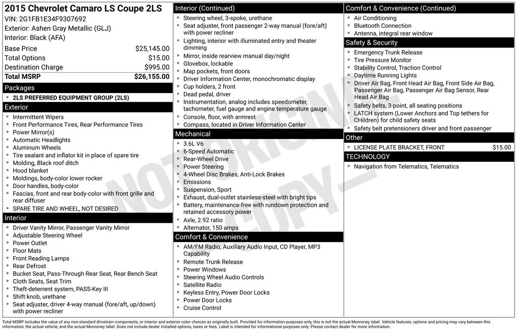 2015 Chevrolet Camaro LS w/2LS photo 1
