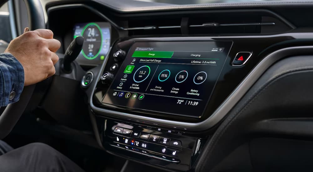 The infotainment screen and digital dash of a 2023 Bolt EV
