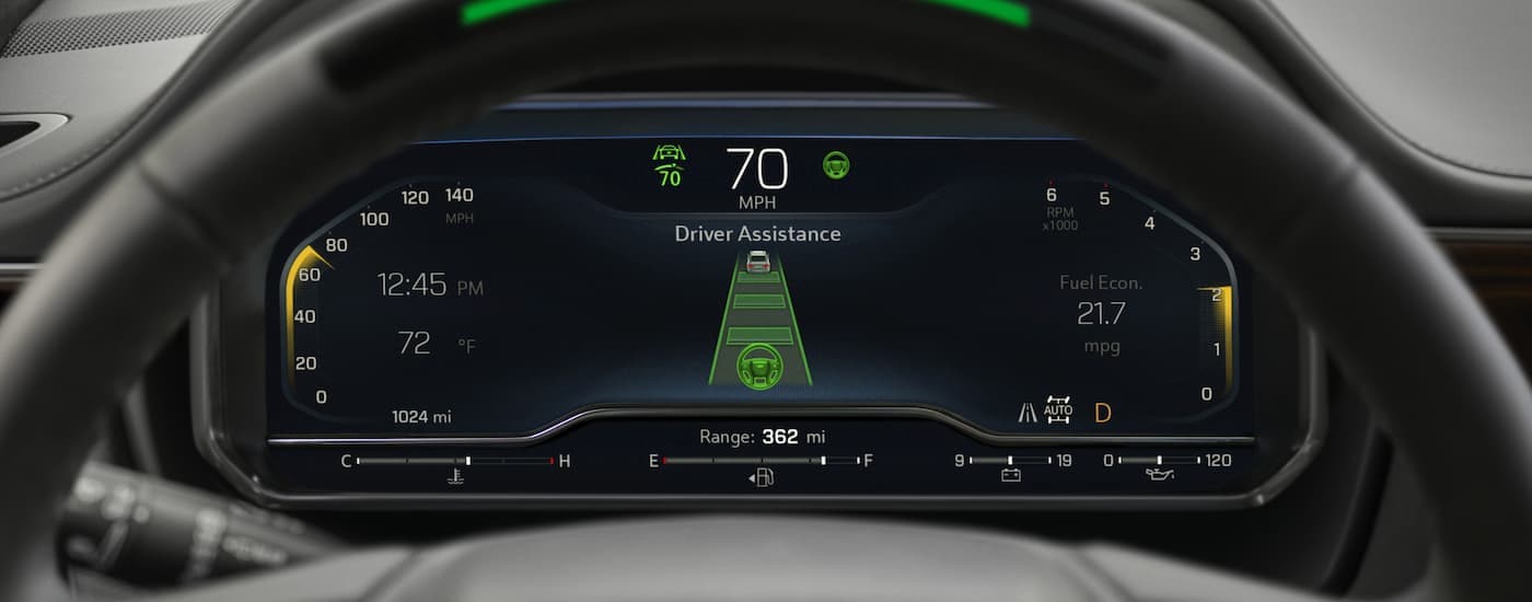 A close up of the Super Cruise settings in a 2023 Chevy Suburban are shown on the digital cluster.