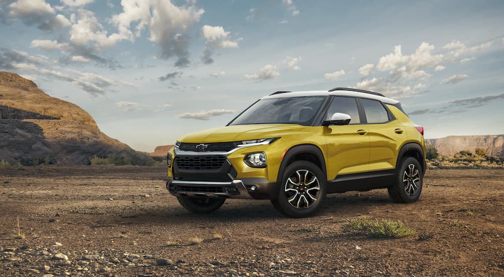 A yellow 2021 Chevy Trailblazer Activ is shown from the front at an angle after leaving a Chevy dealer near Antelope. 