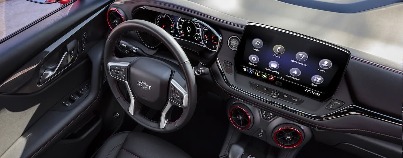 A close up shows the dash and infotainment screen in a 2023 Chevy Blazer RS.