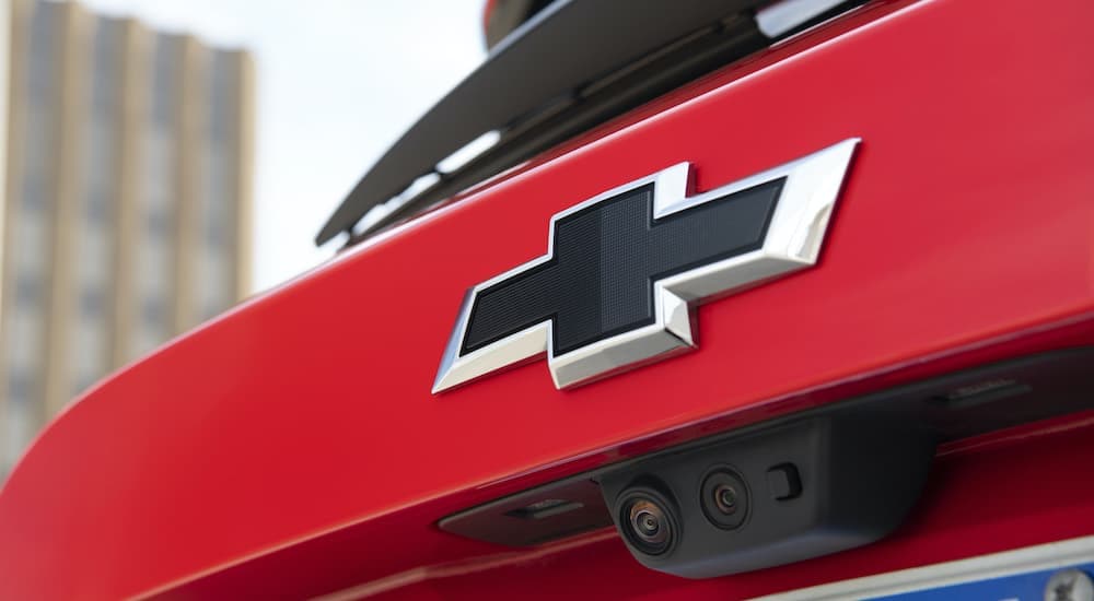 A close up shows the rear Chevy badge on a 2022 Chevy Blazer.