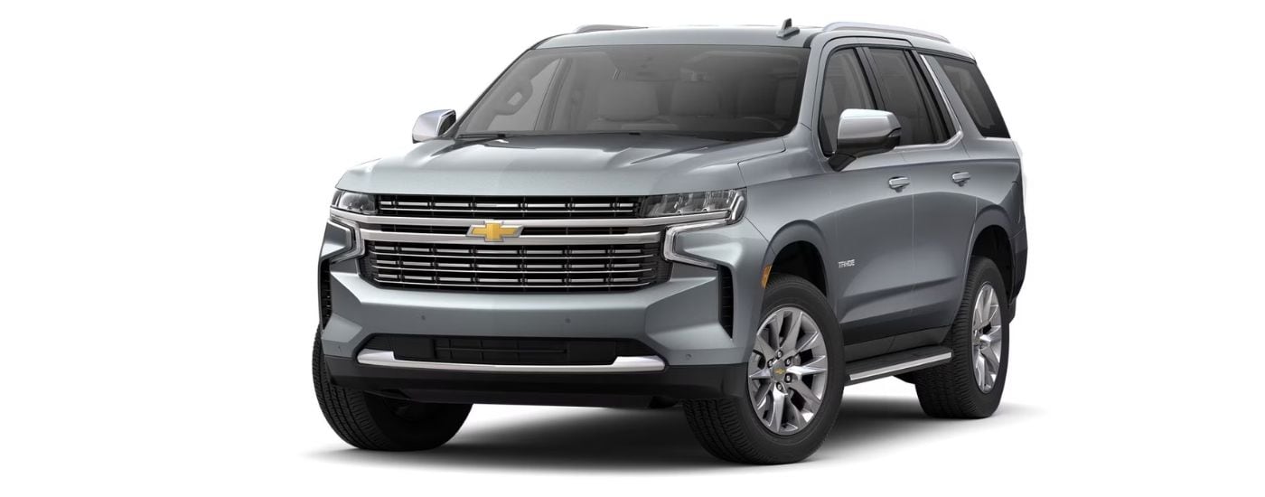A silver 2022 Chevy Tahoe Premier is angled left.