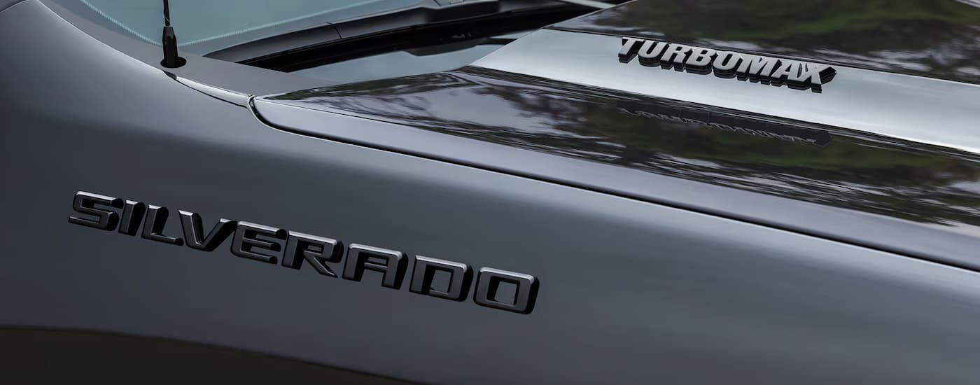 A close up of 2025 Chevy Silverado 1500 Turbomax Blackout hood.