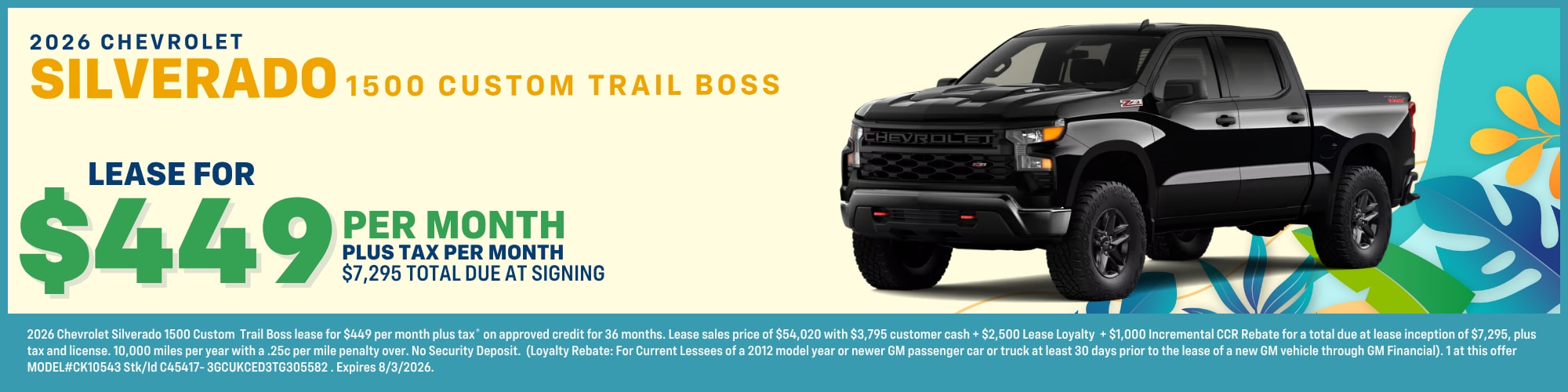 2026 Chevrolet Silverado 1500 custom trail boss lease offer