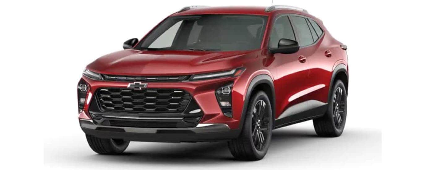 A red 2024 Chevy Trax RS is shown angled left.