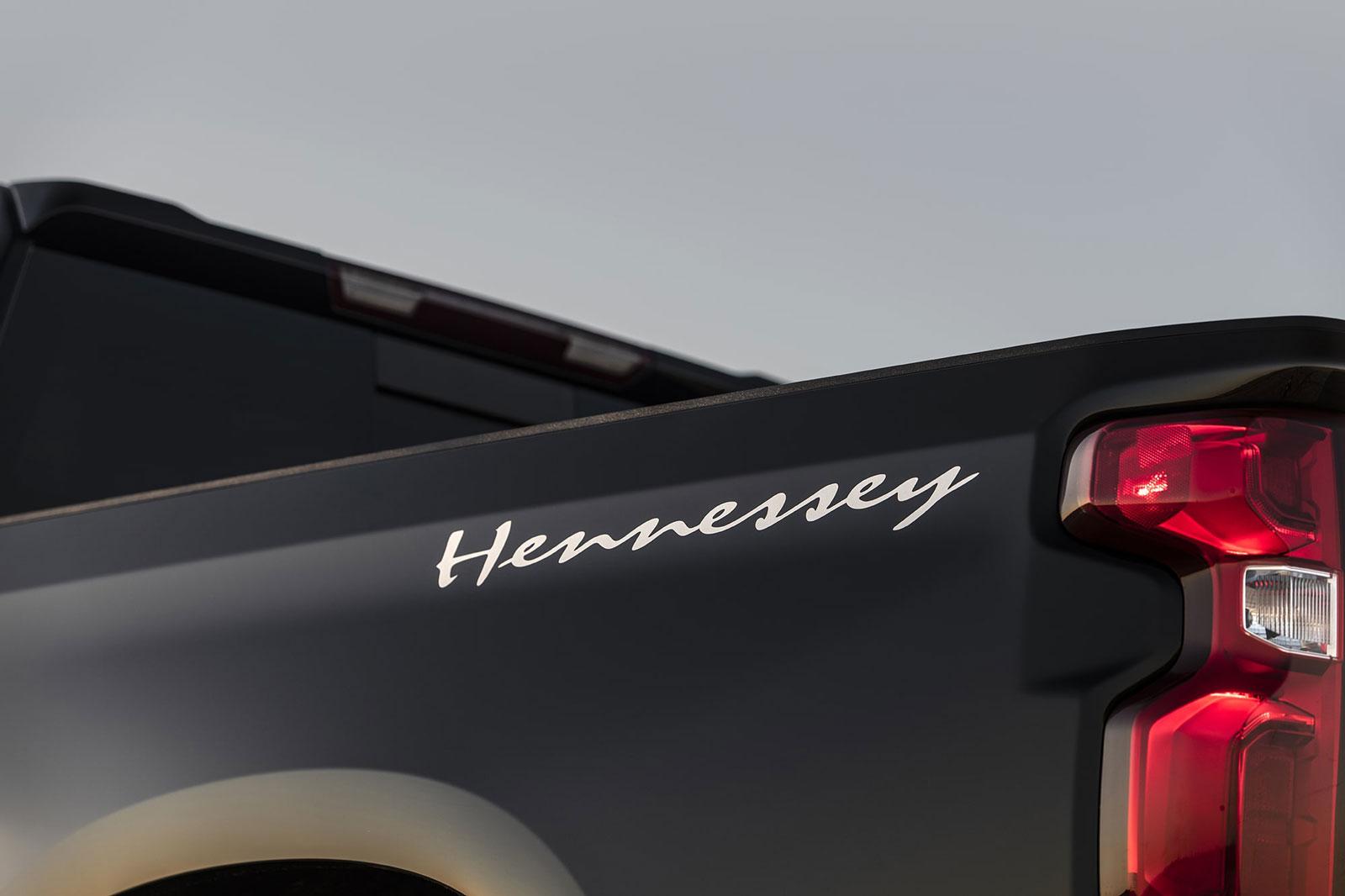 Hennessey graphic on the rear bumper of a black Chevy Silverado