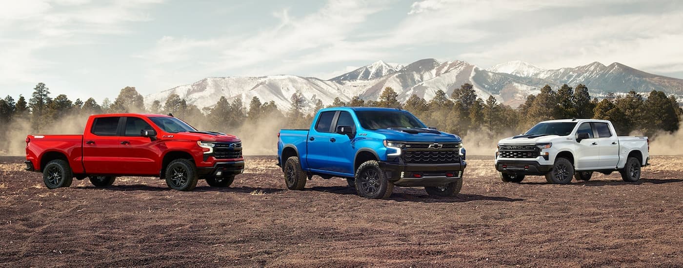 A red 2022 Chevy Silverado 1500 Z71, a blue ZR2, and a white Trailboss parked in front of distant snowy mountains.