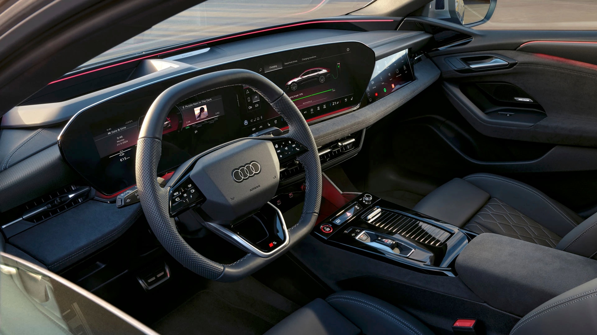 View of the Audi S6 e-tron 2025's dashboard and technology.