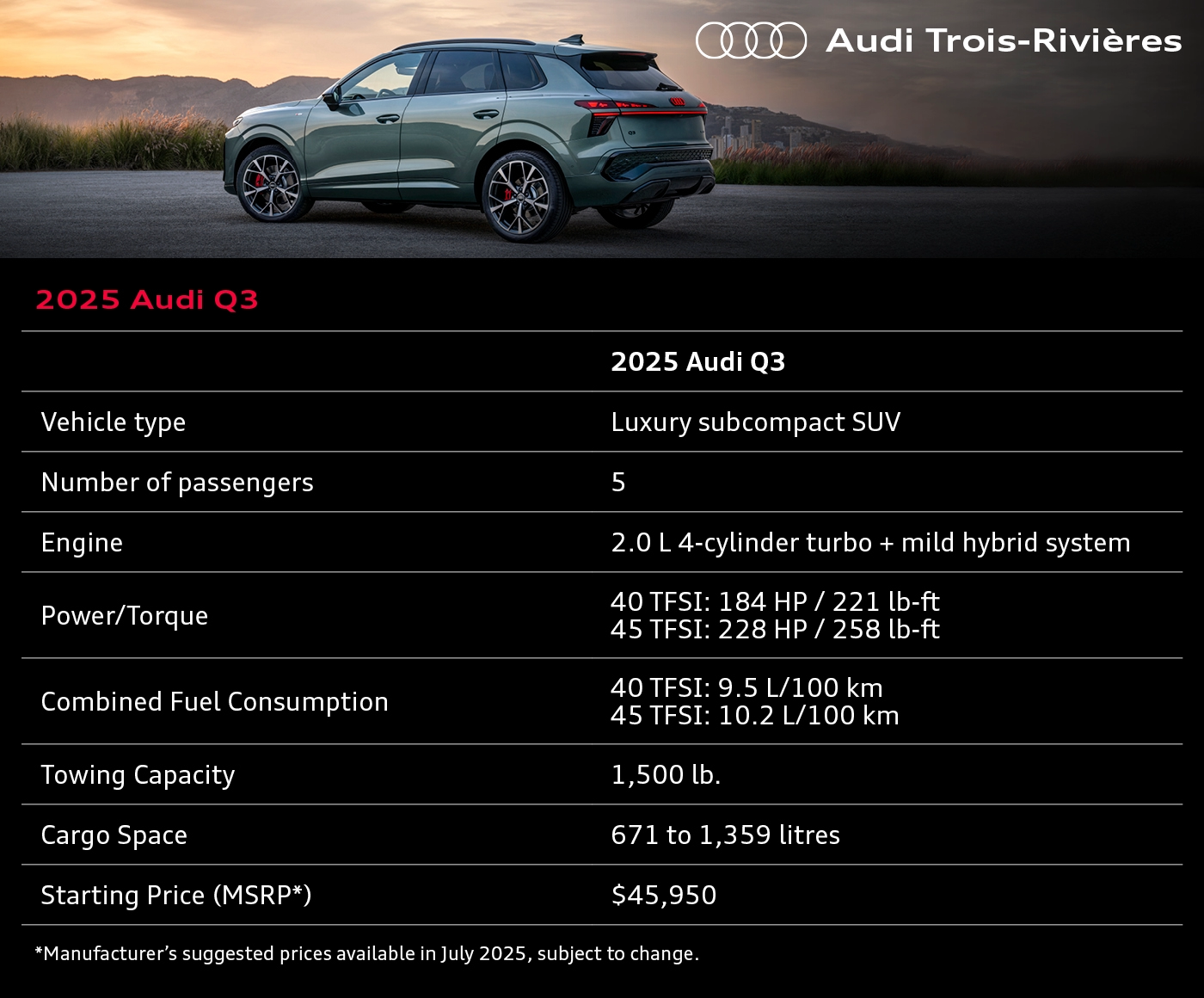 2025 Audi Q3 green illustrated with official table showing technical specifications, engine, fuel consumption, and MSRP.