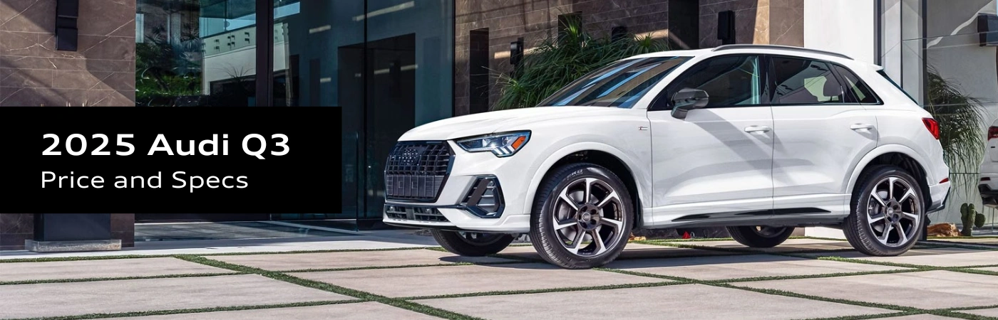 A white 2025 Audi Q3 parked in a contemporary driveway, highlighting its elegant and refined style.