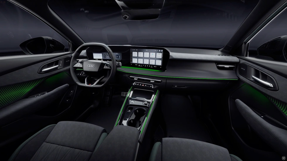 Intérieur de l’Audi Q3 2026 avec éclairage d’ambiance vert et double écran numérique, soulignant la modernité du cockpit.