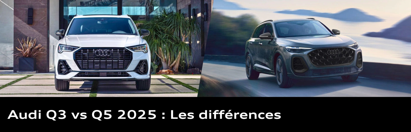 Audi Q3 blanc stationné devant une résidence moderne à gauche et Audi Q5 gris en mouvement sur une route côtière à droite.