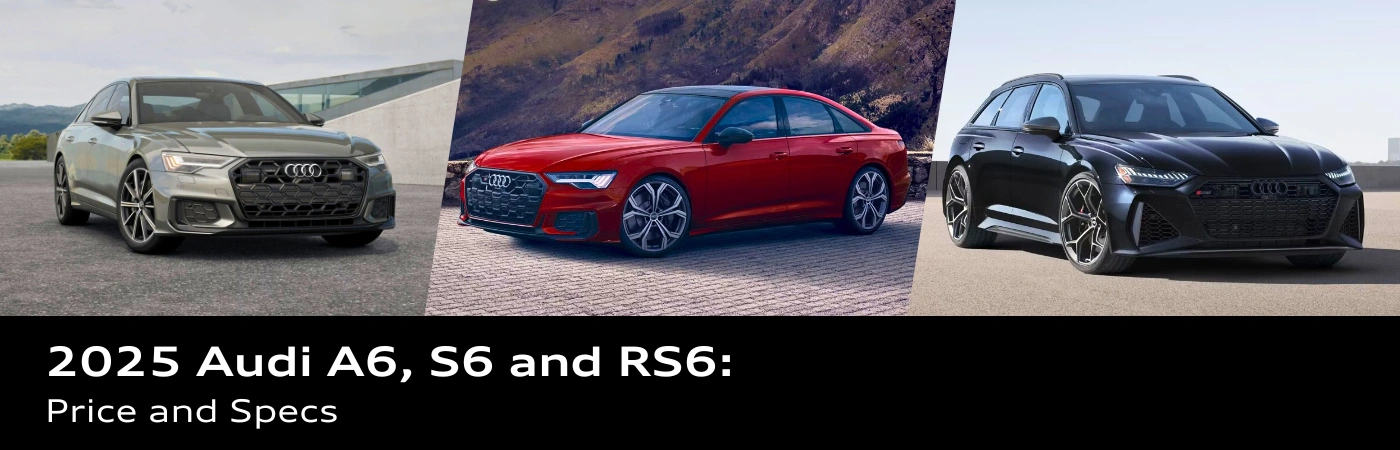 Audi A6, S6 and RS6 2025 lined up on a neutral background. On the left, the grey A6; in the centre, the red S6; on the right, the black RS6. Comparative display of the models.