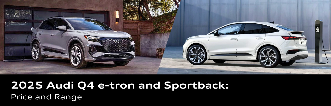 2025 grey Audi Q4 e-tron charging in a residential driveway and 2025 white Audi Q4 Sportback plugged into a public charging station, side-by-side presentation.