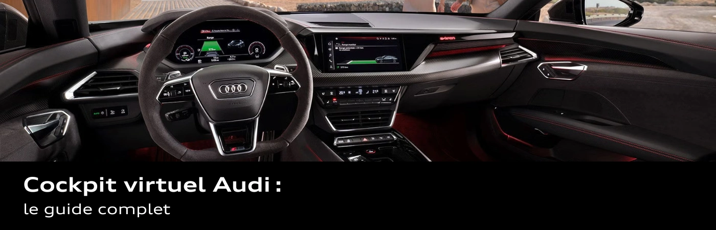 Bannière « Cockpit virtuel Audi: le guide complet » avec large écran numérique et logo Audi.