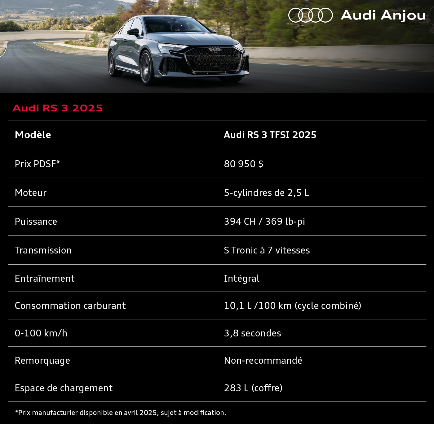 Fiche technique et prix de l’Audi RS 3 2025.