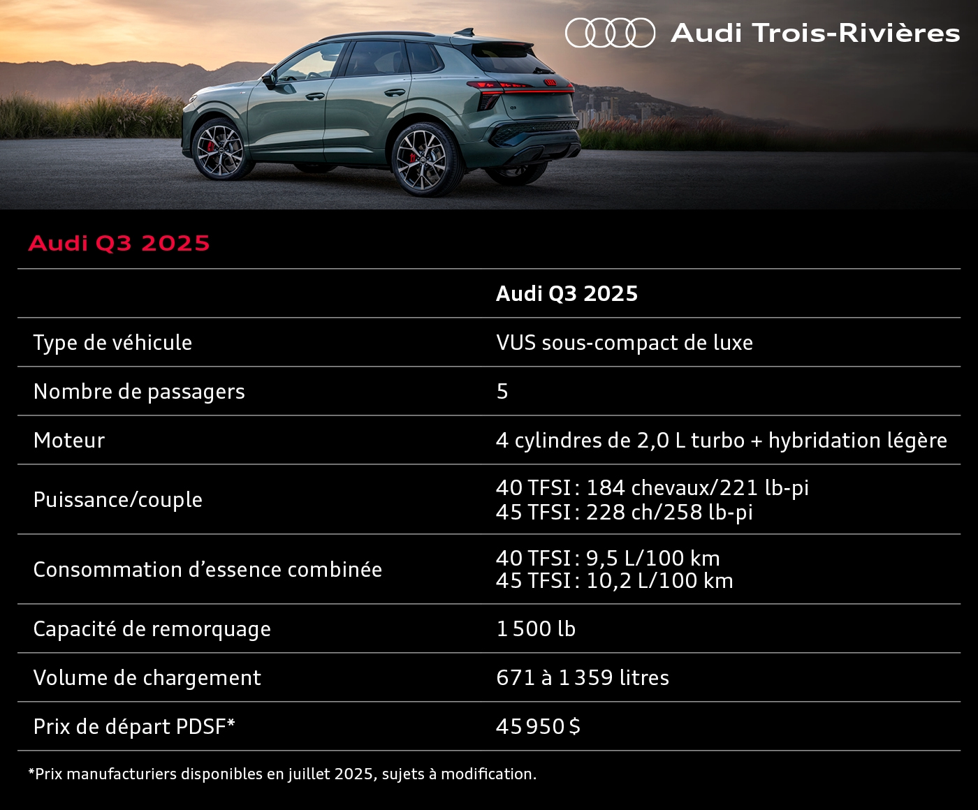 Audi Q3 2025 vert illustré avec tableau officiel présentant la fiche technique, la motorisation, la consommation et le prix PDSF.