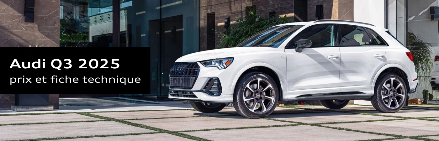 Audi Q3 2025 blanc garé dans une allée contemporaine, mettant en valeur son style élégant et raffiné.