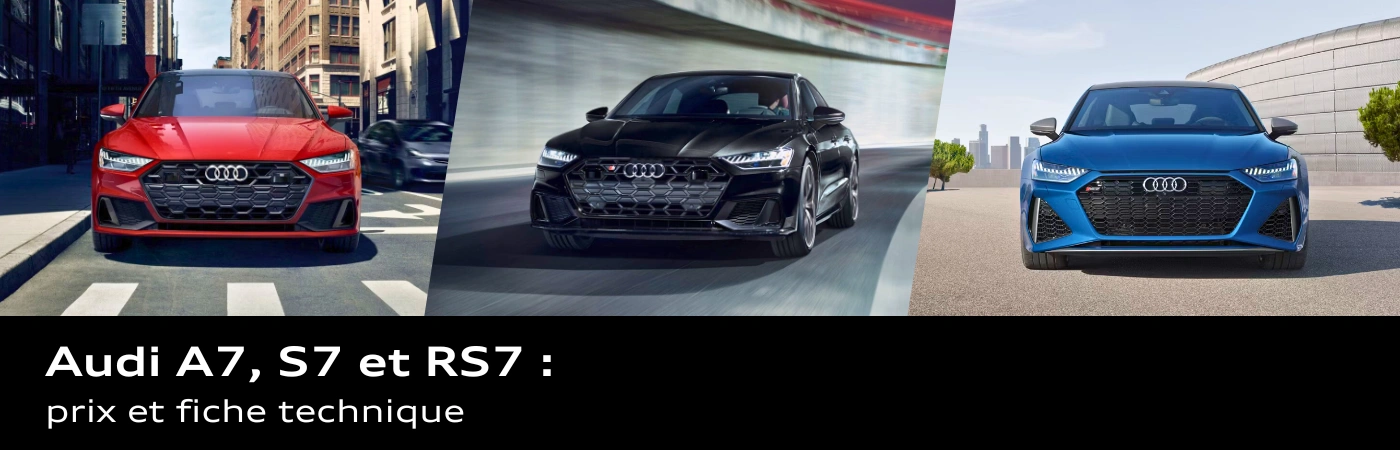 Montage horizontal montrant de gauche à droite les Audi RS7 2025 rouge, S7 2025 noire et A7 2025 bleue, positionnées devant différents décors urbains sous un éclairage naturel.