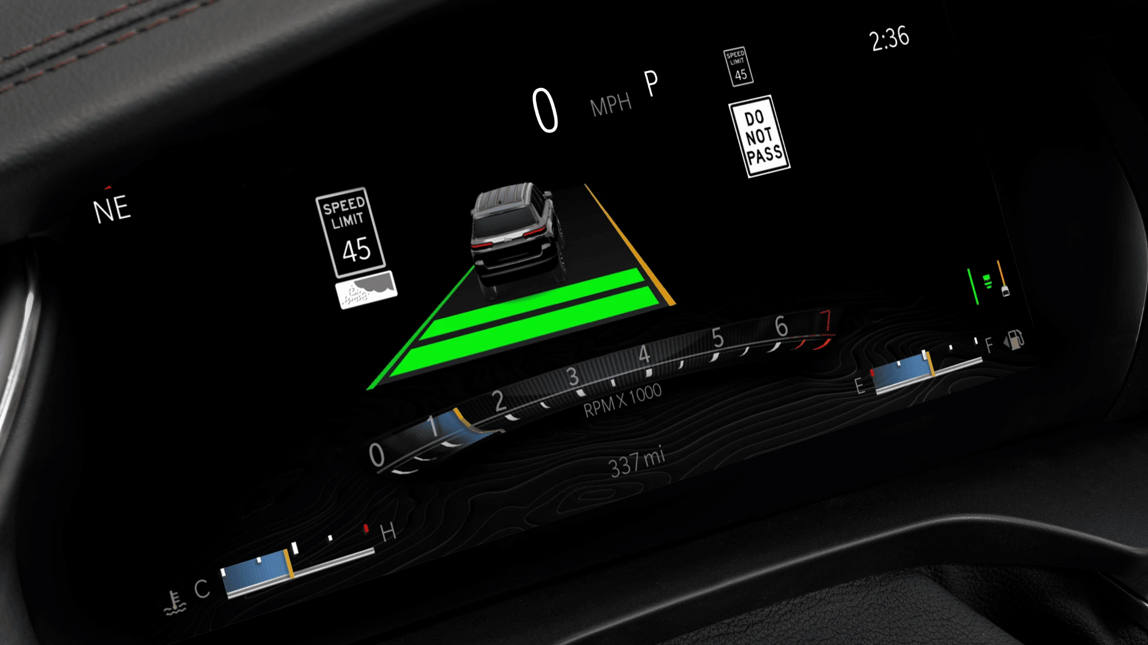 Grand Cherokee L driver display showing lane-keeping and road sign assist system
