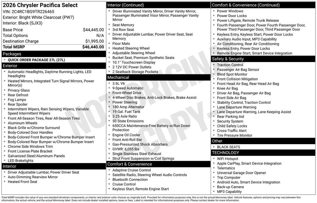 Used 2026 Chrysler Pacifica Select Van Passenger Van