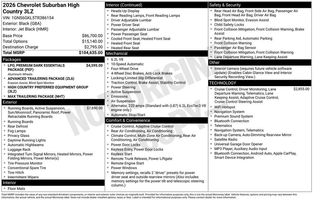 New 2026 Chevrolet Suburban High Country SUV