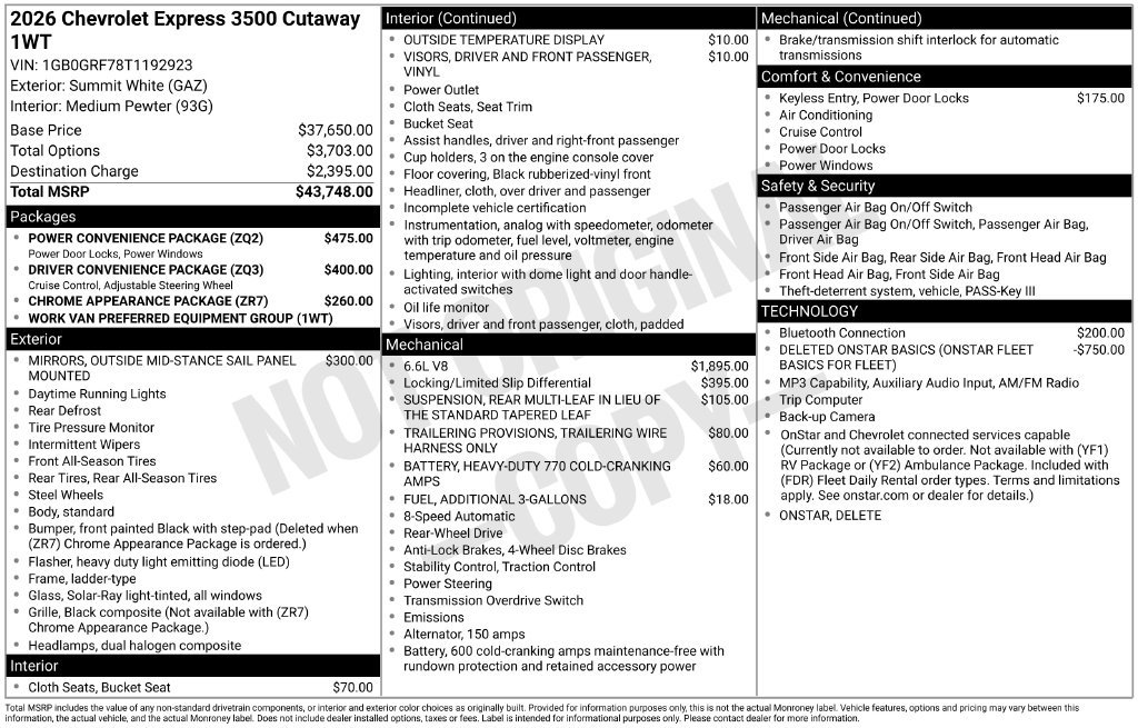 New 2026 Chevrolet Express Cutaway 3500 1WT Cutaway Van