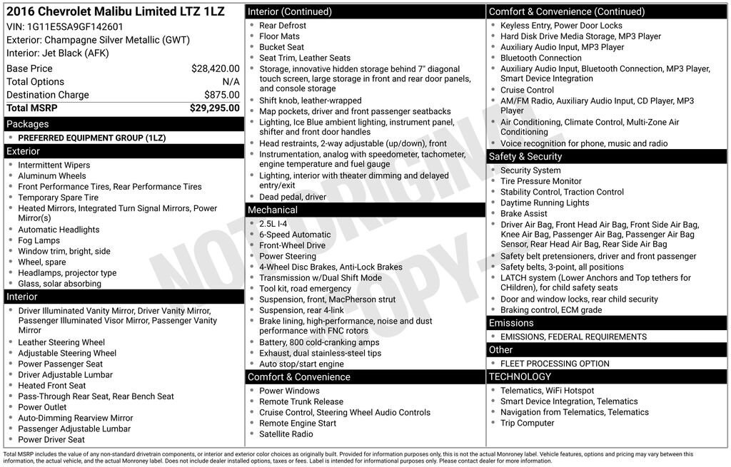 Used 2016 Chevrolet Malibu Limited LTZ Sedan