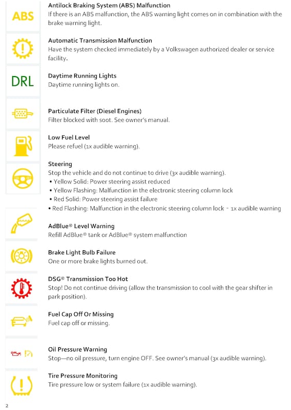 What Your Vw Dashboard Warning Lights Mean Garvey Volkswagen Of Queensbury