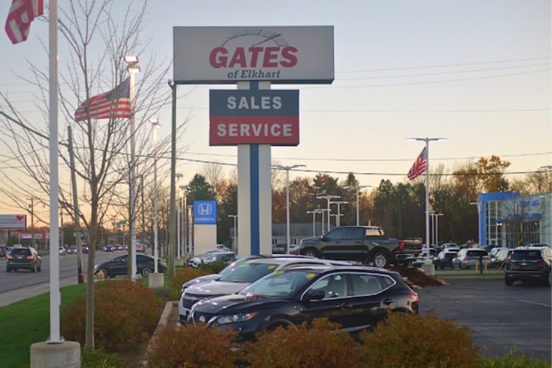 Pre-owned%20vehicles%20in%20elkhart%2C%20IN.jpg Gates of Elkhart sign, cars on the lot in Elkhart