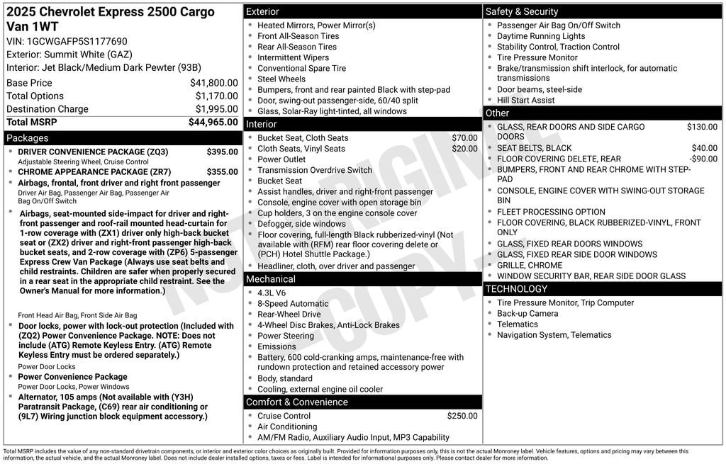 Used 2025 Chevrolet Express Cargo WT Van Cargo Van